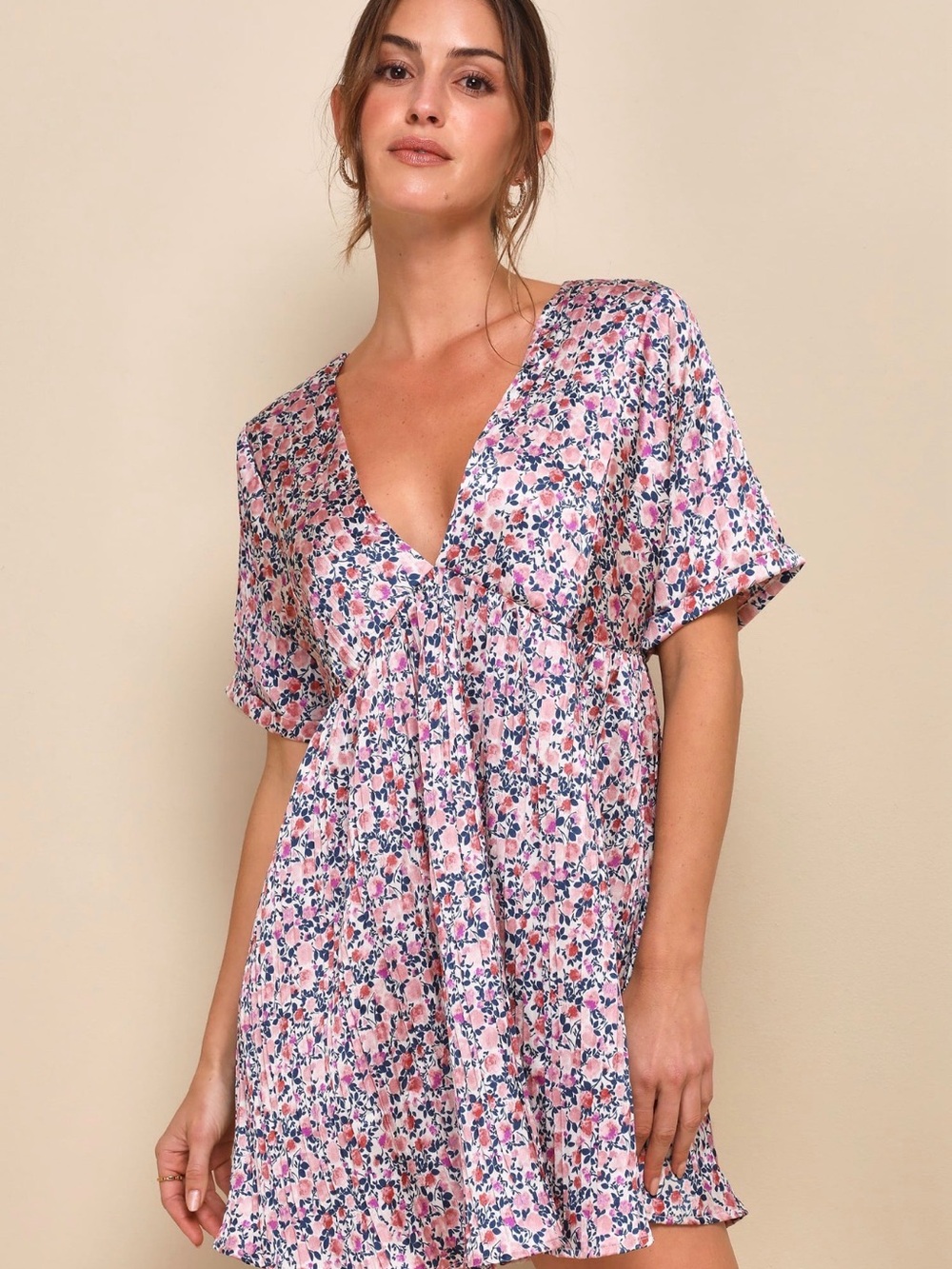 Lulus Floral Print Satin Babydoll Dress Medium